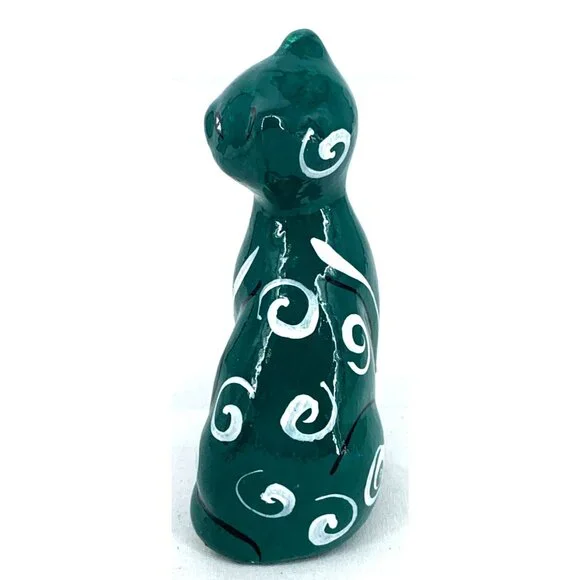 Talavera Cat Figurine Hand Painted Mexican Ceramic Green 5.5" - Picture 4 of 8